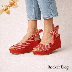 Rocket Dog Red White Striped 4” Wedge Sandals Peep Toe Open Heel Bows